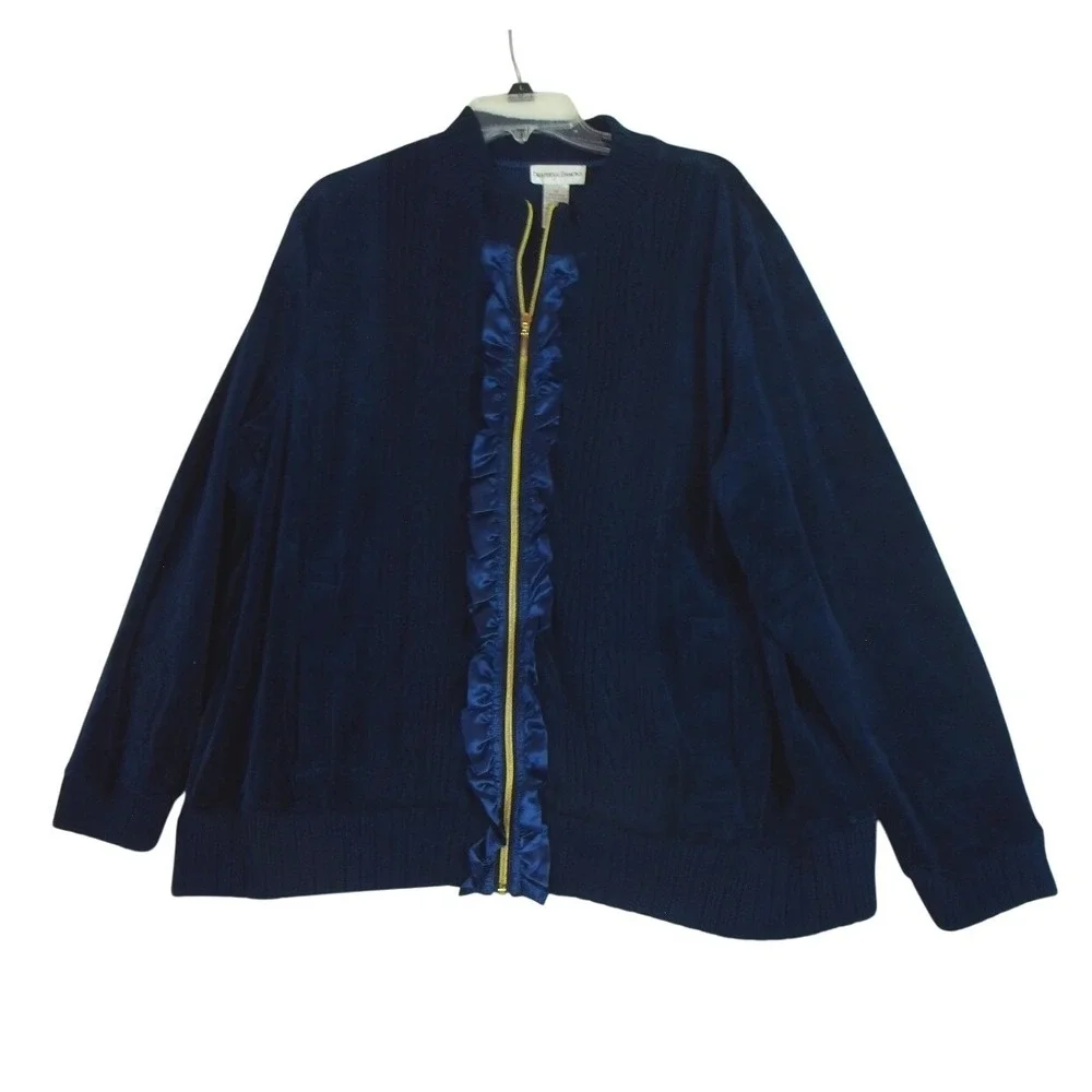 Drapers And Damons Velvet Ruffle Front Jacket 1X Sapphire Blue Grandma Mature‎